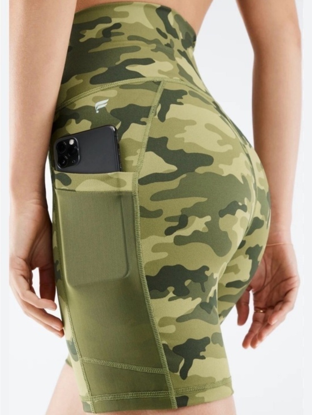 Fabletics Green & Olive Camo PowerHold Legging biker shorts